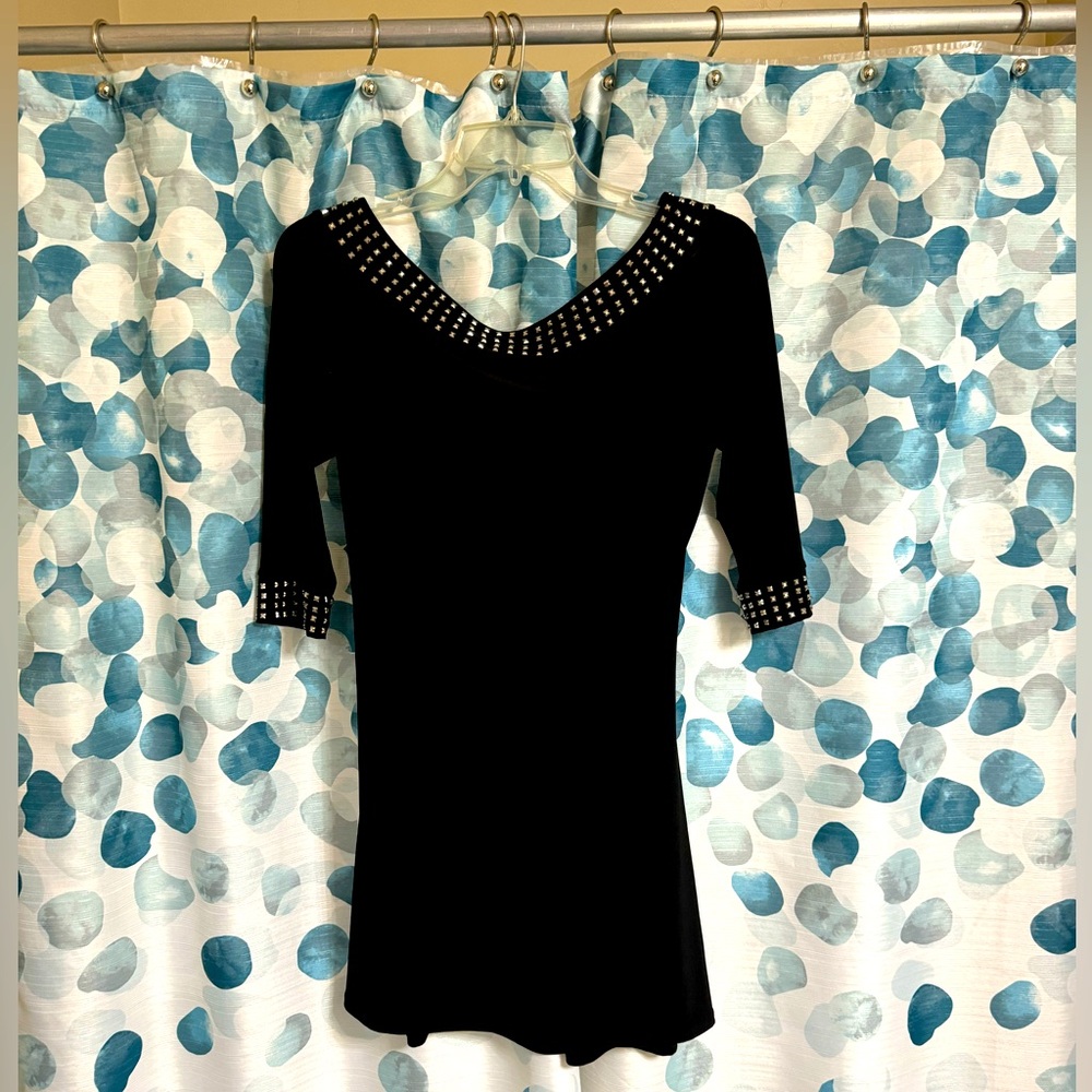 WHBM Black Knee-Length Dress with Studded Neckline & Cuffs - Sz L